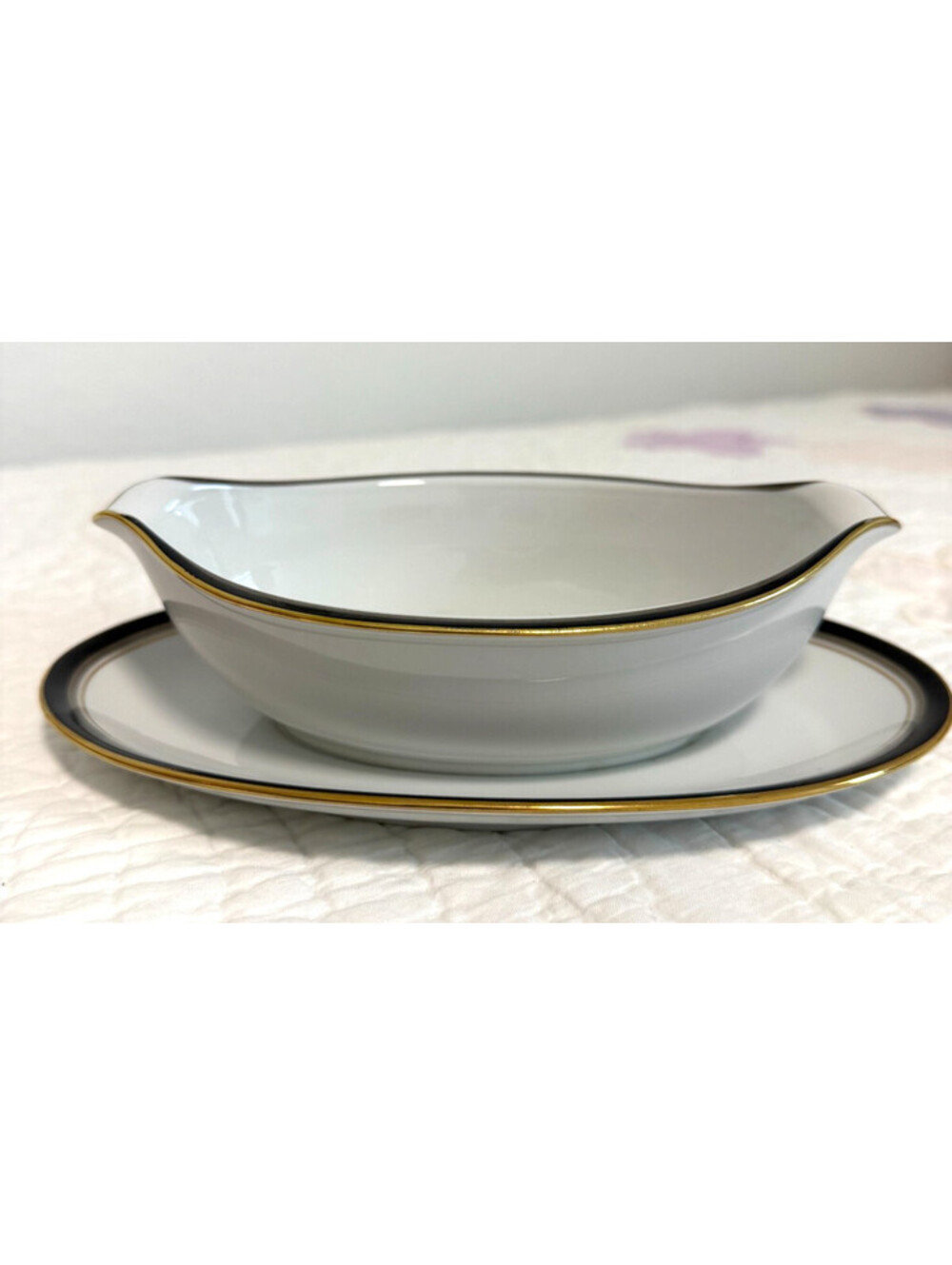 Royal Prestige Nocturne Gravy Boat with Attached Underplate Gold Trim Porcelain